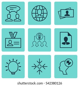 Set Of 9 Business Management Icons. Includes Business Aim, Authentication, Calling Card And Other Symbols. Beautiful Design Elements.