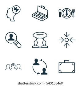 Set Of 9 Business Management Icons. Includes Cooperation, Human Mind, Coaching And Other Symbols. Beautiful Design Elements.