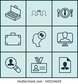 Set Of 9 Business Management Icons. Includes Online Identity, Human Mind, Portfolio And Other Symbols. Beautiful Design Elements.