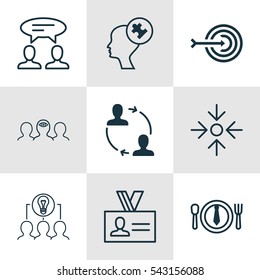 Set Of 9 Business Management Icons. Includes Dinner, Business Aim, Dialogue And Other Symbols. Beautiful Design Elements.