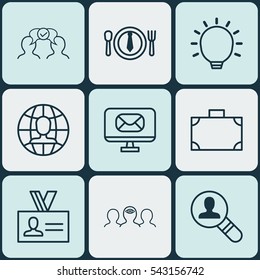 Set Of 9 Business Management Icons. Includes Portfolio, Global Work, Dinner And Other Symbols. Beautiful Design Elements.