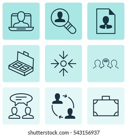 Set Of 9 Business Management Icons. Includes Document Suitcase, Cv, Dialogue And Other Symbols. Beautiful Design Elements.