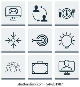 Set Of 9 Business Management Icons. Includes Cooperation, Cooperation, Business Aim And Other Symbols. Beautiful Design Elements.