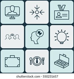 Set Of 9 Business Management Icons. Includes Great Glimpse, Online Identity, Dinner And Other Symbols. Beautiful Design Elements.