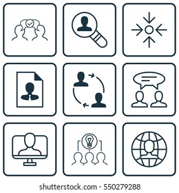 Set Of 9 Business Management Icons. Includes Cv, Online Identity, Cooperation And Other Symbols. Beautiful Design Elements.