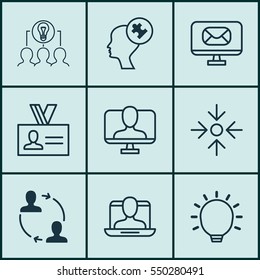 Set Of 9 Business Management Icons. Includes Social Profile, Business Aim, Human Mind And Other Symbols. Beautiful Design Elements.