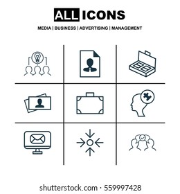 Set Of 9 Business Management Icons. Includes Portfolio, Document Suitcase, Email And Other Symbols. Beautiful Design Elements.