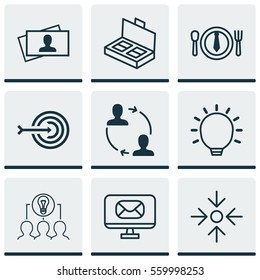 Set Of 9 Business Management Icons. Includes Arrow, Collaborative Solution, Calling Card And Other Symbols. Beautiful Design Elements.