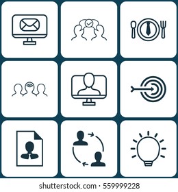 Set Of 9 Business Management Icons. Includes Online Identity, Cv, Coaching And Other Symbols. Beautiful Design Elements.
