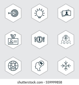 Set Of 9 Business Management Icons. Includes Human Mind, Calling Card, Global Work And Other Symbols. Beautiful Design Elements.