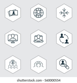 Set Of 9 Business Management Icons. Includes Global Work, Online Identity, Business Aim And Other Symbols. Beautiful Design Elements.