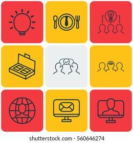Set Of 9 Business Management Icons. Includes Document Suitcase, Global Work, Collaborative Solution And Other Symbols. Beautiful Design Elements.