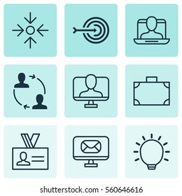 Set Of 9 Business Management Icons. Includes Social Profile, Arrow, Online Identity And Other Symbols. Beautiful Design Elements.