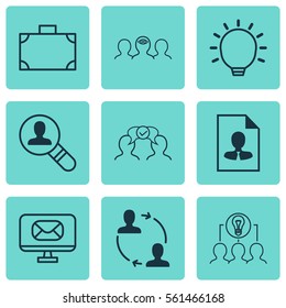 Set Of 9 Business Management Icons. Includes Open Vacancy, Cooperation, Portfolio And Other Symbols. Beautiful Design Elements.