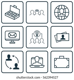 Set Of 9 Business Management Icons. Includes Cooperation, Document Suitcase, Collaborative Solution And Other Symbols. Beautiful Design Elements.