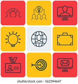 Set Of 9 Business Management Icons. Includes Great Glimpse, Email, Authentication And Other Symbols. Beautiful Design Elements.