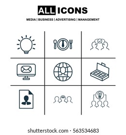 Set Of 9 Business Management Icons. Includes Great Glimpse, Collaborative Solution, Global Work And Other Symbols. Beautiful Design Elements.