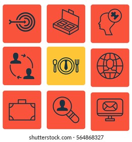 Set Of 9 Business Management Icons. Includes Document Suitcase, Global Work, Cooperation And Other Symbols. Beautiful Design Elements.