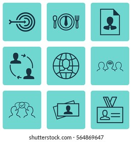 Set Of 9 Business Management Icons. Includes Cooperation, Dinner, Authentication And Other Symbols. Beautiful Design Elements.