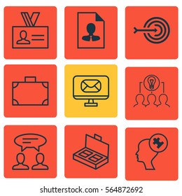 Set Of 9 Business Management Icons. Includes Authentication, Human Mind, Document Suitcase And Other Symbols. Beautiful Design Elements.