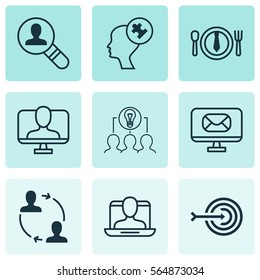 Set Of 9 Business Management Icons. Includes Cooperation, Social Profile, Email And Other Symbols. Beautiful Design Elements.