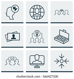 Set Of 9 Business Management Icons. Includes Human Mind, Online Identity, Calling Card And Other Symbols. Beautiful Design Elements.