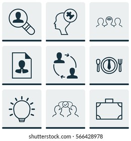 Set Of 9 Business Management Icons. Includes Human Mind, Cv, Great Glimpse And Other Symbols. Beautiful Design Elements.