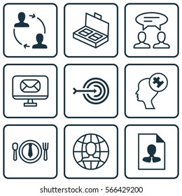 Set Of 9 Business Management Icons. Includes Dinner, Cv, Arrow And Other Symbols. Beautiful Design Elements.