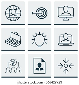 Set Of 9 Business Management Icons. Includes Arrow, Global Work, Online Identity And Other Symbols. Beautiful Design Elements.