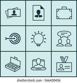 Set Of 9 Business Management Icons. Includes Cv, Document Suitcase, Calling Card And Other Symbols. Beautiful Design Elements.