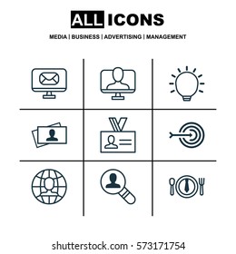 Set Of 9 Business Management Icons. Includes Global Work, Great Glimpse, Online Identity And Other Symbols. Beautiful Design Elements.