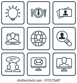Set Of 9 Business Management Icons. Includes Dialogue, Dinner, Social Profile And Other Symbols. Beautiful Design Elements.