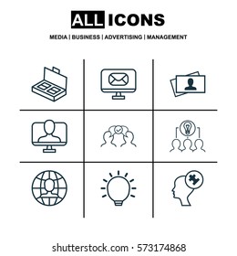 Set Of 9 Business Management Icons. Includes Online Identity, Calling Card, Cooperation And Other Symbols. Beautiful Design Elements.