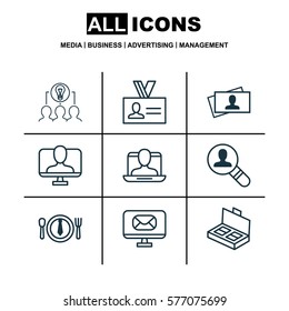 Set Of 9 Business Management Icons. Includes Collaborative Solution, Calling Card, Open Vacancy And Other Symbols. Beautiful Design Elements.