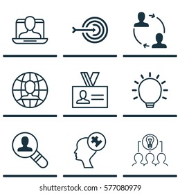 Set Of 9 Business Management Icons. Includes Human Mind, Collaborative Solution, Arrow And Other Symbols. Beautiful Design Elements.