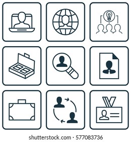 Set Of 9 Business Management Icons. Includes Cooperation, Document Suitcase, Open Vacancy And Other Symbols. Beautiful Design Elements.
