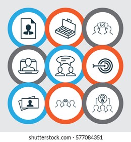 Set Of 9 Business Management Icons. Includes Dialogue, Collaborative Solution, Social Profile And Other Symbols. Beautiful Design Elements.