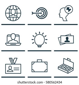Set Of 9 Business Management Icons. Includes Great Glimpse, Global Work, Document Suitcase And Other Symbols. Beautiful Design Elements.