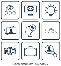 Set Of 9 Business Management Icons. Includes Open Vacancy, Portfolio, Human Mind And Other Symbols. Beautiful Design Elements.