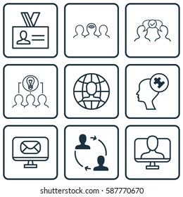 Set Of 9 Business Management Icons. Includes Online Identity, Collaborative Solution, Coaching And Other Symbols. Beautiful Design Elements.