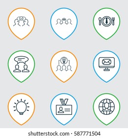 Set Of 9 Business Management Icons. Includes Great Glimpse, Global Work, Coaching And Other Symbols. Beautiful Design Elements.