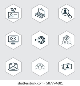 Set Of 9 Business Management Icons. Includes Social Profile, Arrow, Collaborative Solution And Other Symbols. Beautiful Design Elements.