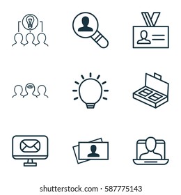 Set Of 9 Business Management Icons. Includes Open Vacancy, Calling Card, Social Profile And Other Symbols. Beautiful Design Elements.