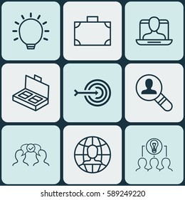 Set Of 9 Business Management Icons. Includes Social Profile, Document Suitcase, Collaborative Solution And Other Symbols. Beautiful Design Elements.
