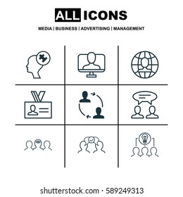 Set Of 9 Business Management Icons. Includes Human Mind, Cooperation, Cooperation And Other Symbols. Beautiful Design Elements.