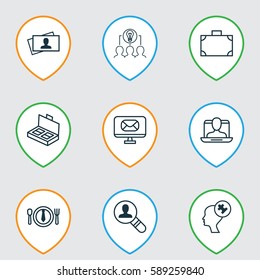 Set Of 9 Business Management Icons. Includes Document Suitcase, Dinner, Social Profile And Other Symbols. Beautiful Design Elements.