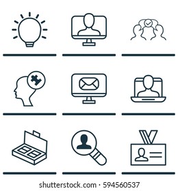 Set Of 9 Business Management Icons. Includes Online Identity, Email, Human Mind And Other Symbols. Beautiful Design Elements.