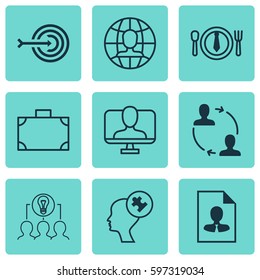 Set Of 9 Business Management Icons. Includes Global Work, Online Identity, Portfolio And Other Symbols. Beautiful Design Elements.