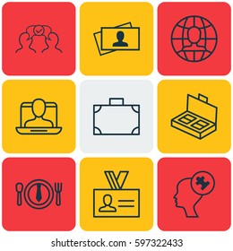 Set Of 9 Business Management Icons. Includes Calling Card, Cooperation, Authentication And Other Symbols. Beautiful Design Elements.