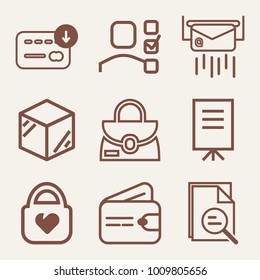 Set of 9 business outline icons such as leather wallet outlined